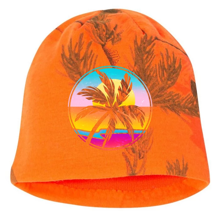 Retro Ocean Sun Palm Tree Emblem Kati - Camo Knit Beanie