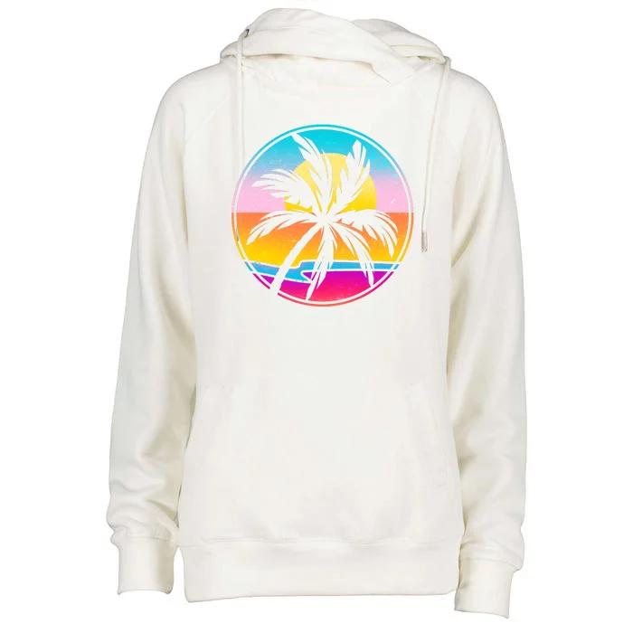 Retro Ocean Sun Palm Tree Emblem Womens Funnel Neck Pullover Hood