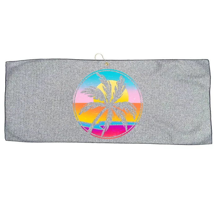 Retro Ocean Sun Palm Tree Emblem Large Microfiber Waffle Golf Towel