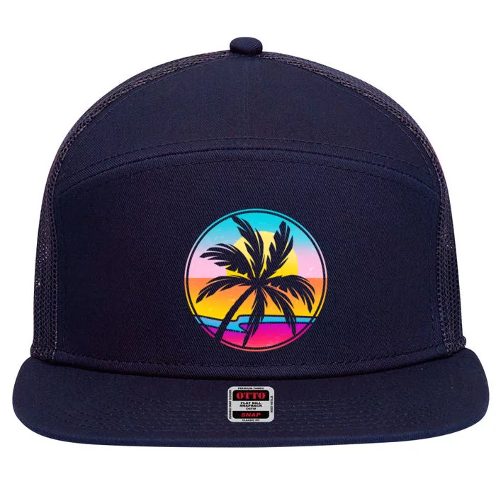 Retro Ocean Sun Palm Tree Emblem 7 Panel Mesh Trucker Snapback Hat