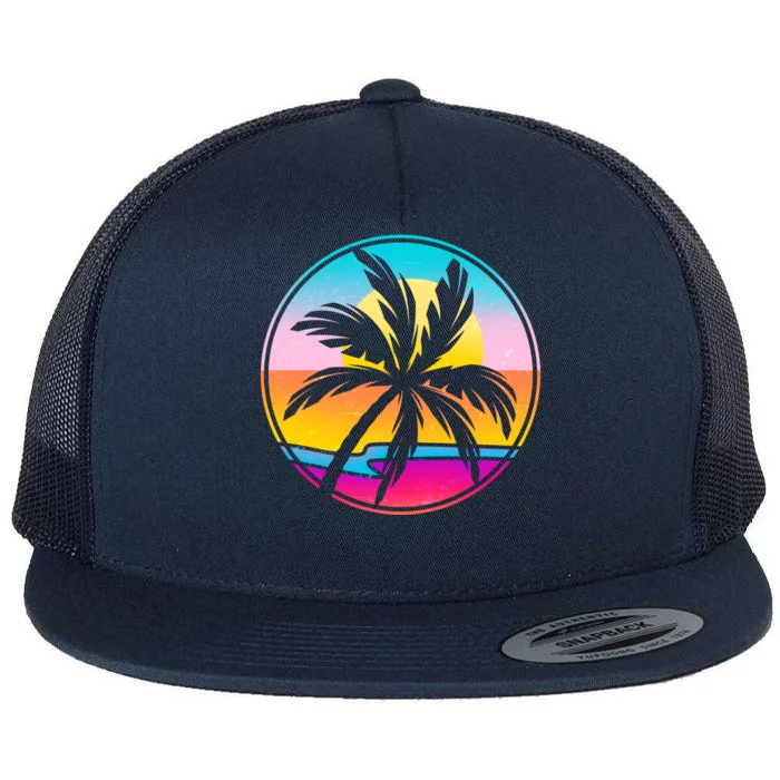 Retro Ocean Sun Palm Tree Emblem Flat Bill Trucker Hat