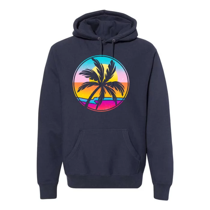 Retro Ocean Sun Palm Tree Emblem Premium Hoodie