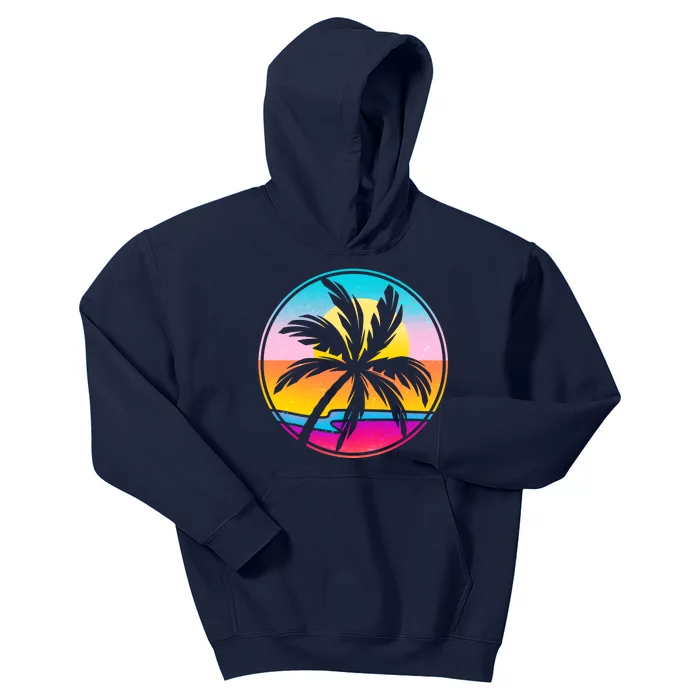 Retro Ocean Sun Palm Tree Emblem Kids Hoodie