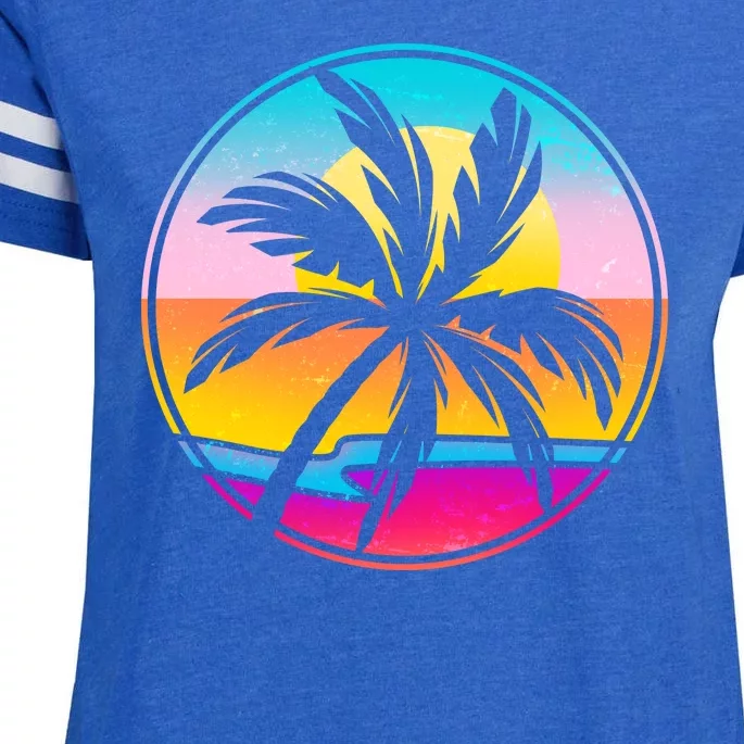 Retro Ocean Sun Palm Tree Emblem Enza Ladies Jersey Football T-Shirt