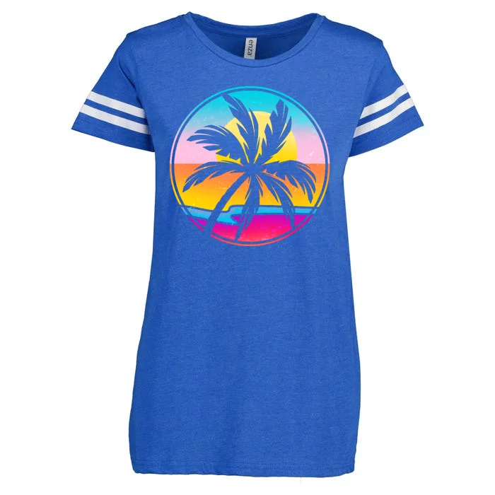 Retro Ocean Sun Palm Tree Emblem Enza Ladies Jersey Football T-Shirt