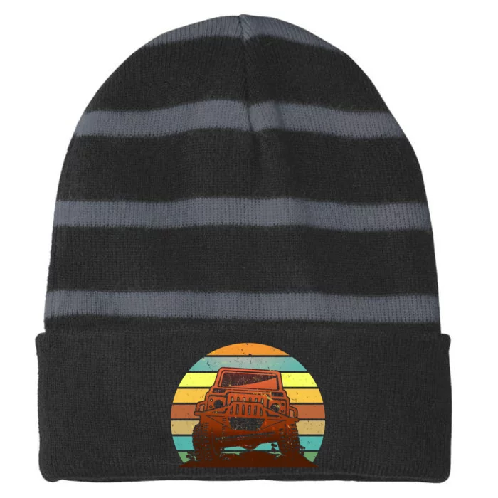 Retro Off Road Truck 4x4 Sunset Striped Beanie with Solid Band