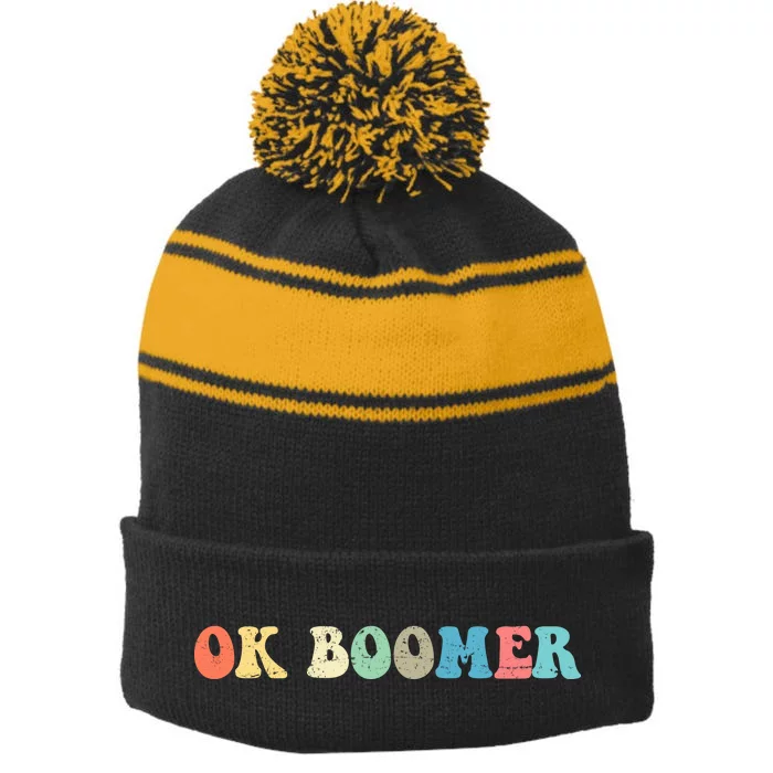 Retro Ok Boomer Stripe Pom Pom Beanie