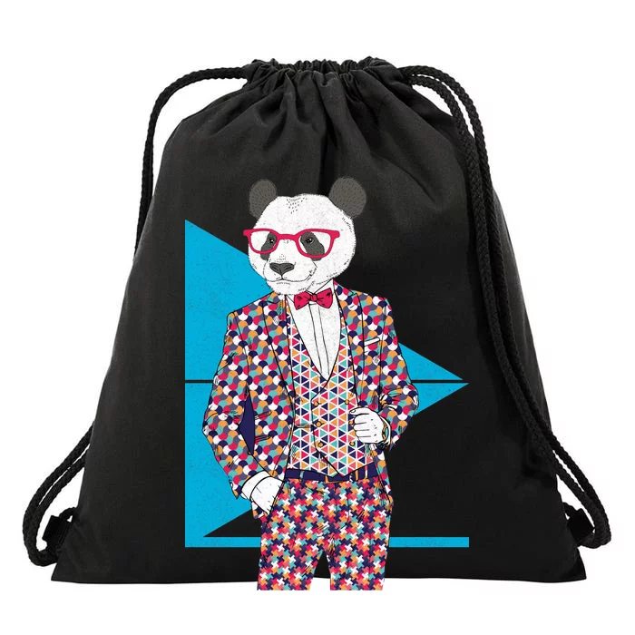 Retro Panda Platted Suit Graphic Drawstring Bag