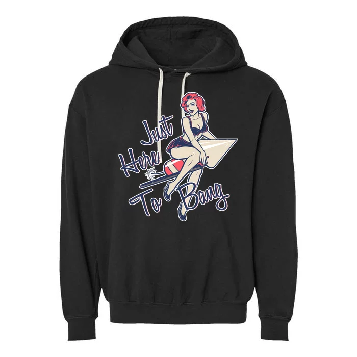 Retro Pin Up Just Here To Bang Garment-Dyed Fleece Hoodie