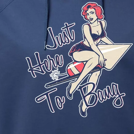 Retro Pin Up Just Here To Bang Performance Fleece Hoodie