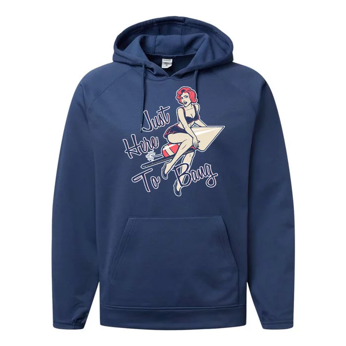 Retro Pin Up Just Here To Bang Performance Fleece Hoodie