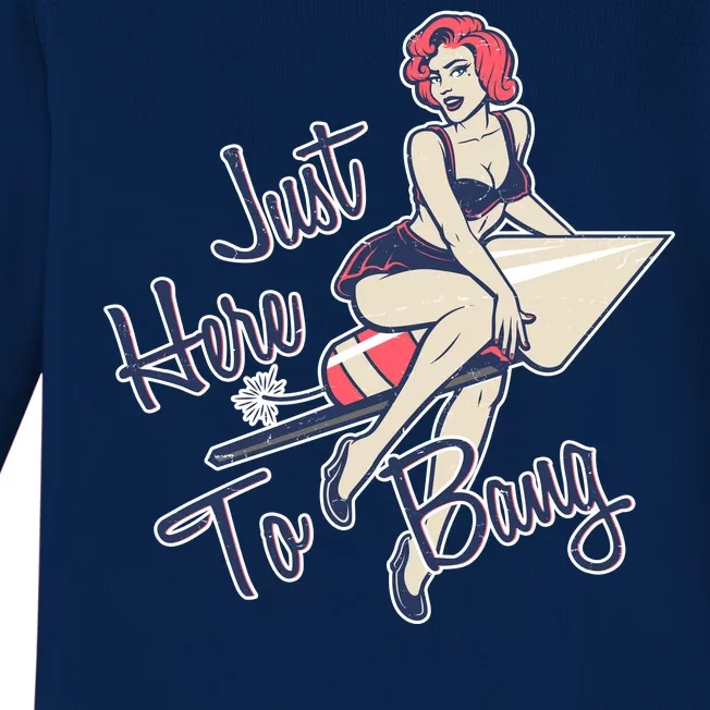 Retro Pin Up Just Here To Bang Baby Long Sleeve Bodysuit