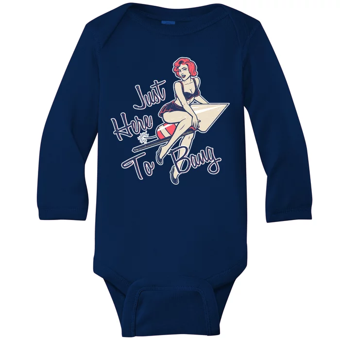 Retro Pin Up Just Here To Bang Baby Long Sleeve Bodysuit