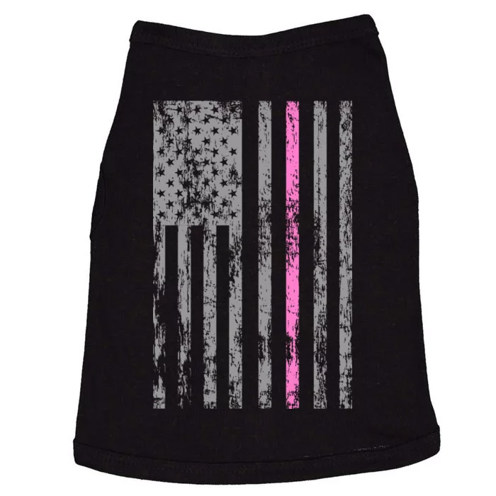 Retro Pink Thin Line Breast Cancer Awareness USA Flag Doggie Tank