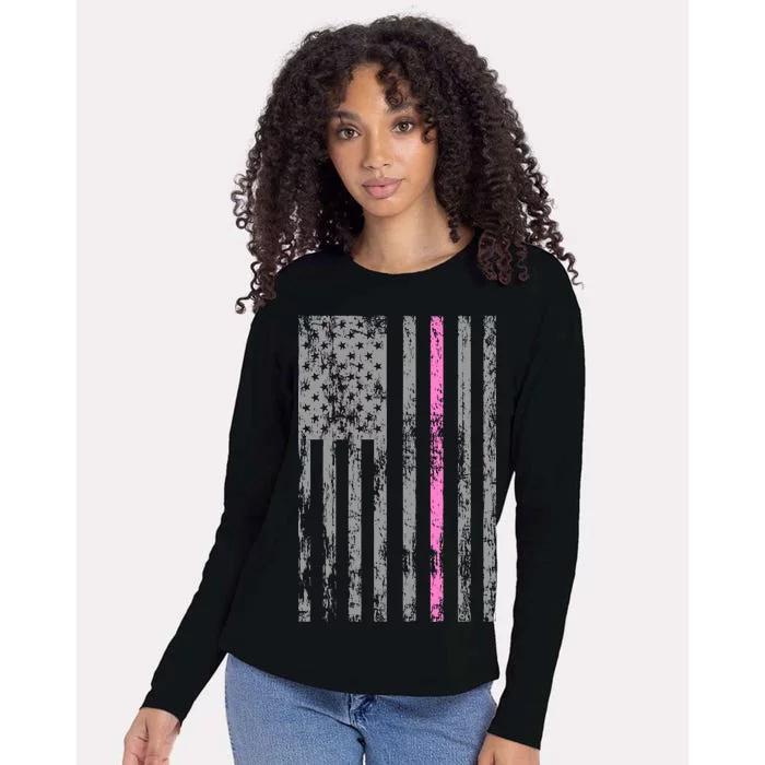 Retro Pink Thin Line Breast Cancer Awareness USA Flag Womens Cotton Relaxed Long Sleeve T-Shirt