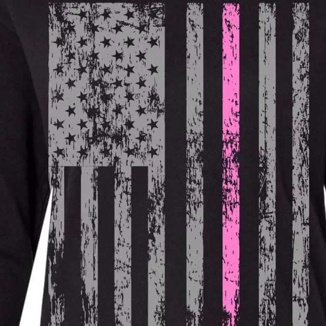 Retro Pink Thin Line Breast Cancer Awareness USA Flag Womens Cotton Relaxed Long Sleeve T-Shirt