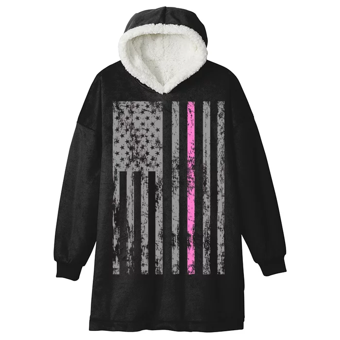 Retro Pink Thin Line Breast Cancer Awareness USA Flag Hooded Wearable Blanket