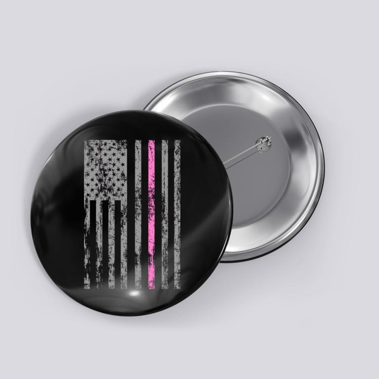 Retro Pink Thin Line Breast Cancer Awareness USA Flag Button