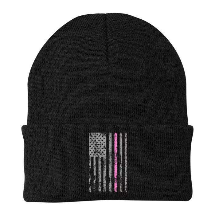 Retro Pink Thin Line Breast Cancer Awareness USA Flag Knit Cap Winter Beanie