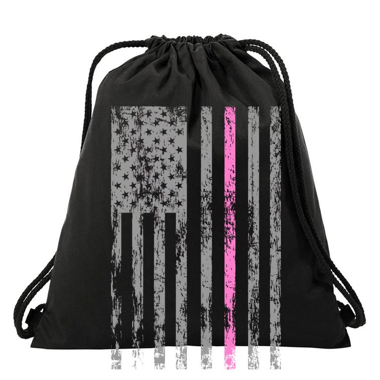 Retro Pink Thin Line Breast Cancer Awareness USA Flag Drawstring Bag