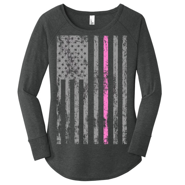 Retro Pink Thin Line Breast Cancer Awareness USA Flag Women’s Perfect Tri Tunic Long Sleeve Shirt