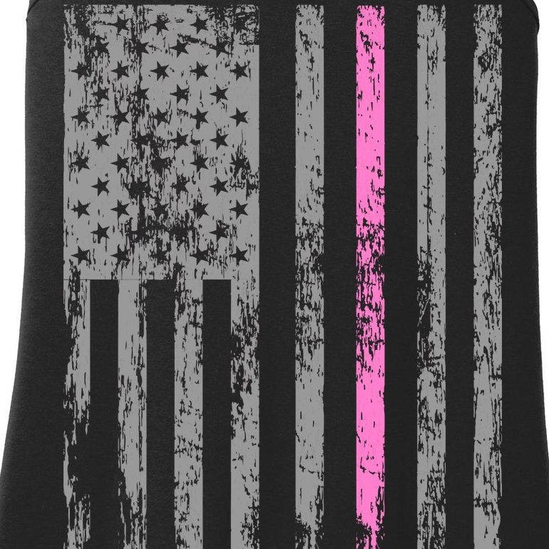Retro Pink Thin Line Breast Cancer Awareness USA Flag Ladies Essential Tank