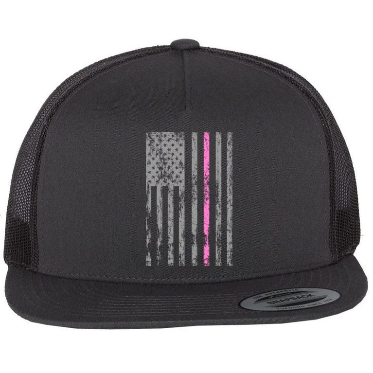 Retro Pink Thin Line Breast Cancer Awareness USA Flag Flat Bill Trucker Hat
