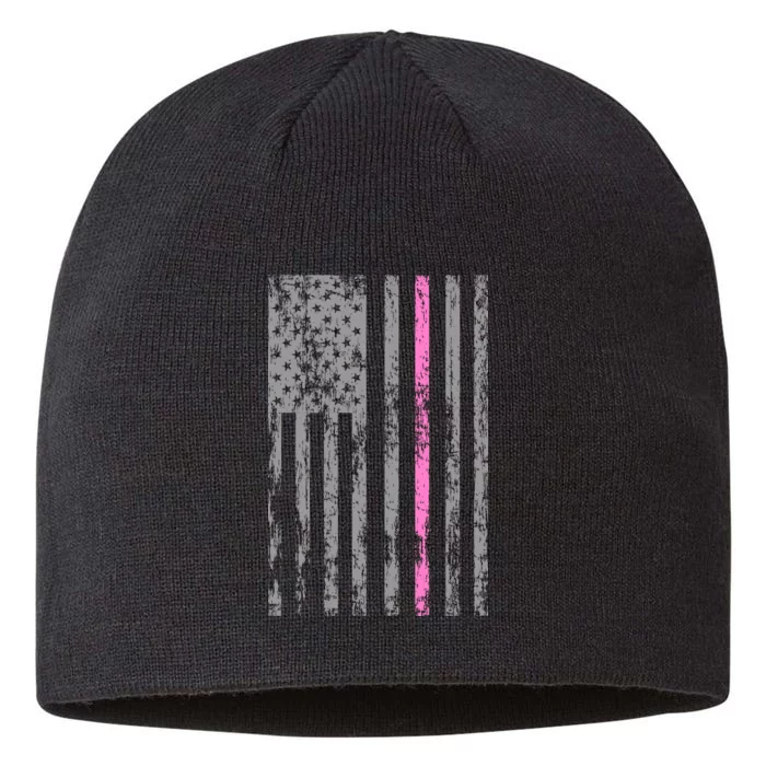 Retro Pink Thin Line Breast Cancer Awareness USA Flag 8 1/2in Sustainable Knit Beanie