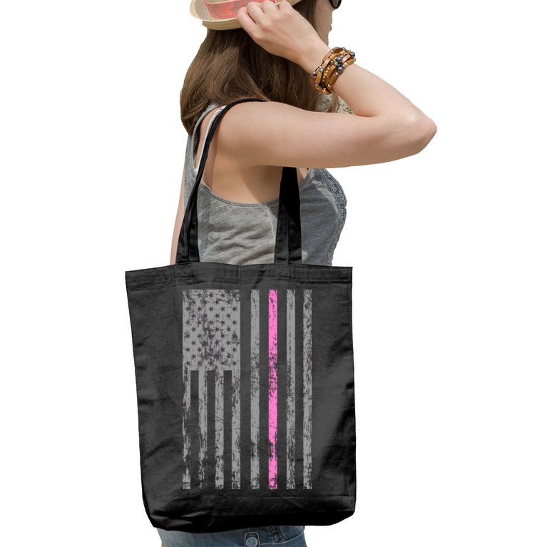 Retro Pink Thin Line Breast Cancer Awareness USA Flag Tote Bag