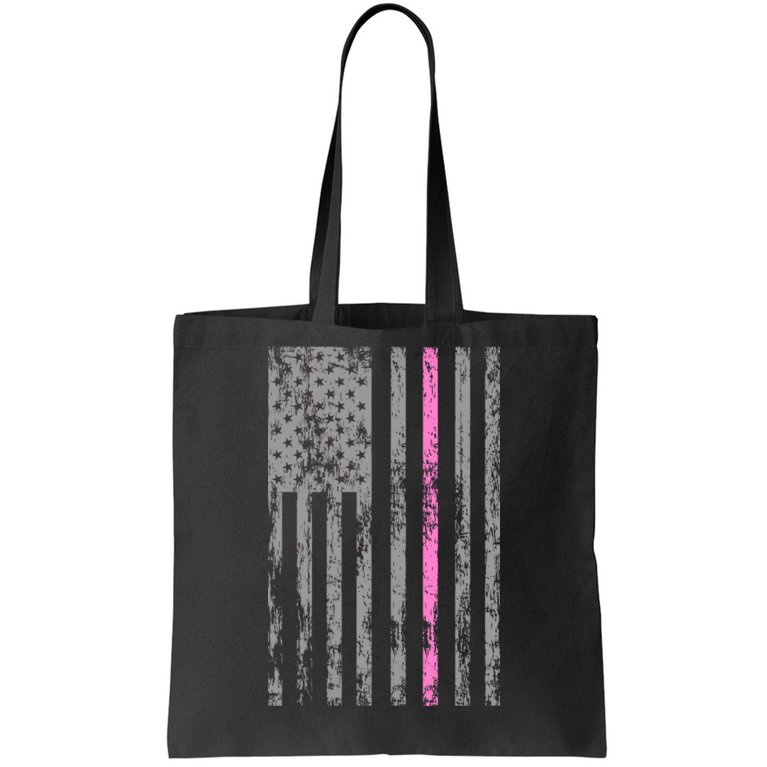 Retro Pink Thin Line Breast Cancer Awareness USA Flag Tote Bag