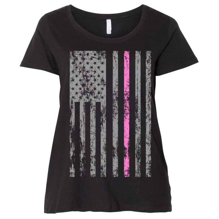 Retro Pink Thin Line Breast Cancer Awareness USA Flag Women's Plus Size T-Shirt