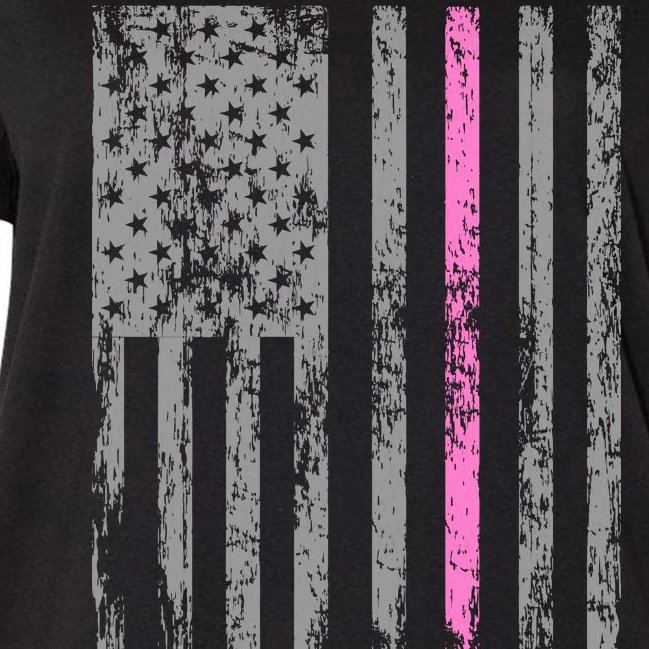 Retro Pink Thin Line Breast Cancer Awareness USA Flag Women's V-Neck Plus Size T-Shirt