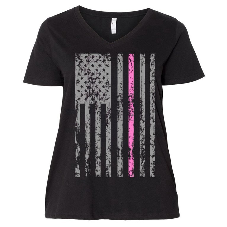 Retro Pink Thin Line Breast Cancer Awareness USA Flag Women's V-Neck Plus Size T-Shirt