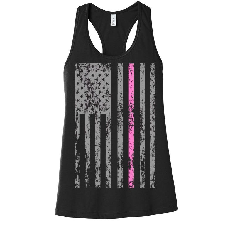 Retro Pink Thin Line Breast Cancer Awareness USA Flag Women's Racerback Tank