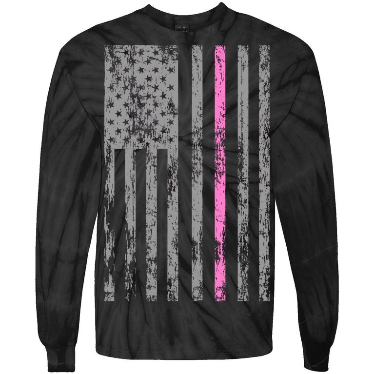 Retro Pink Thin Line Breast Cancer Awareness USA Flag Tie-Dye Long Sleeve Shirt