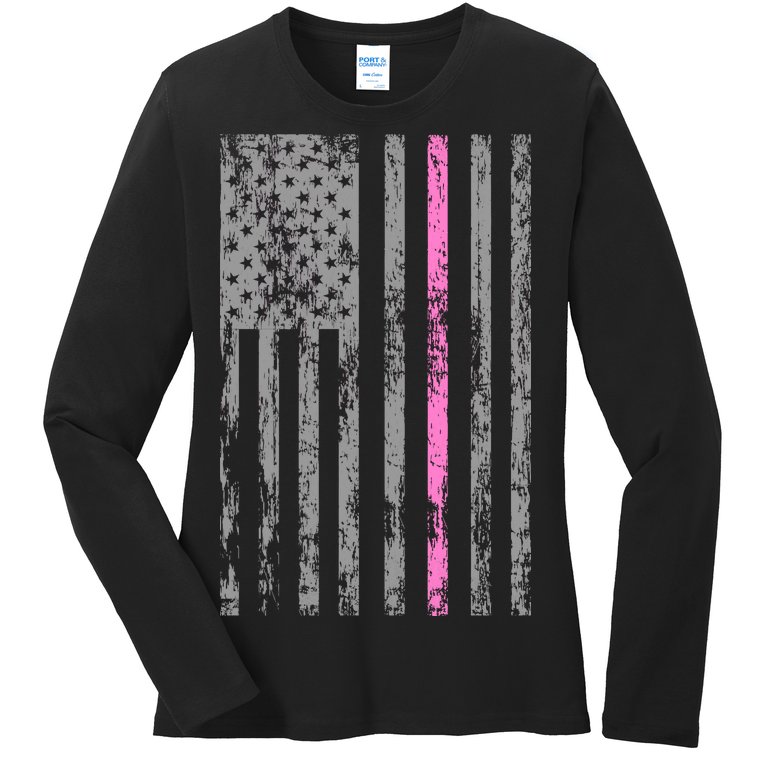 Retro Pink Thin Line Breast Cancer Awareness USA Flag Ladies Missy Fit Long Sleeve Shirt