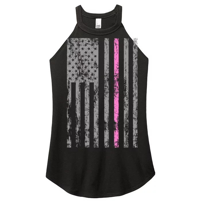 Retro Pink Thin Line Breast Cancer Awareness USA Flag Women’s Perfect Tri Rocker Tank