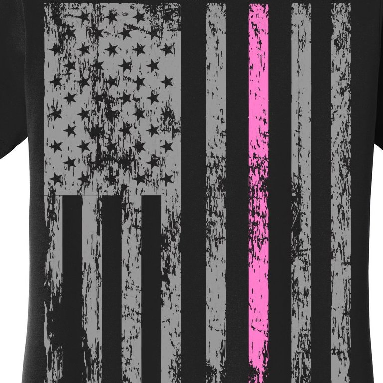 Retro Pink Thin Line Breast Cancer Awareness USA Flag Women's T-Shirt