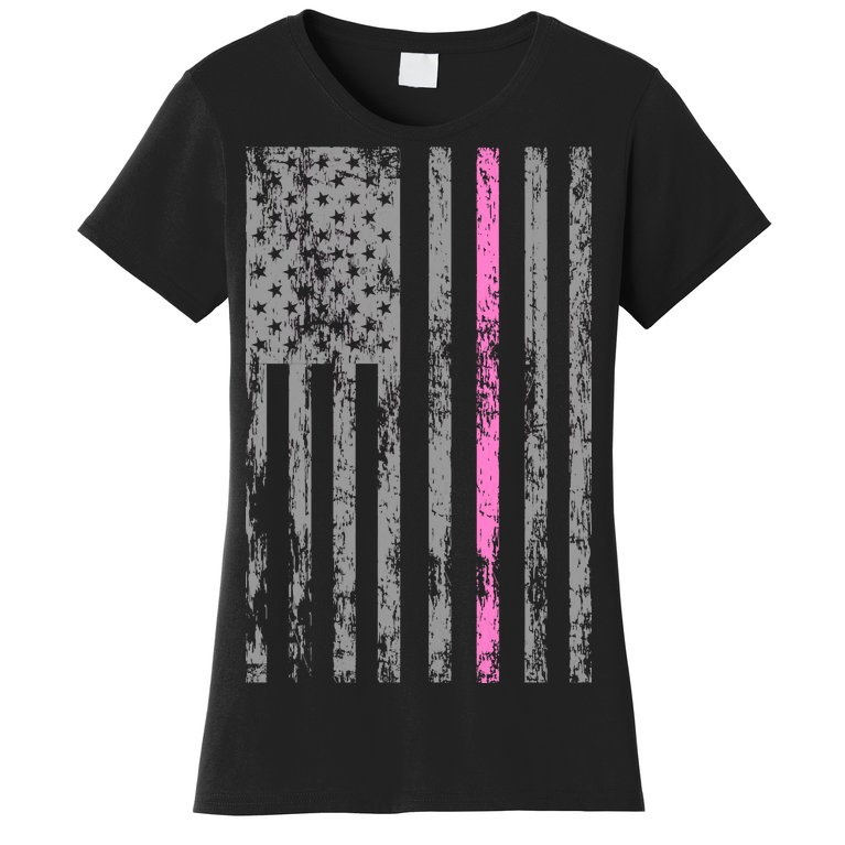 Retro Pink Thin Line Breast Cancer Awareness USA Flag Women's T-Shirt