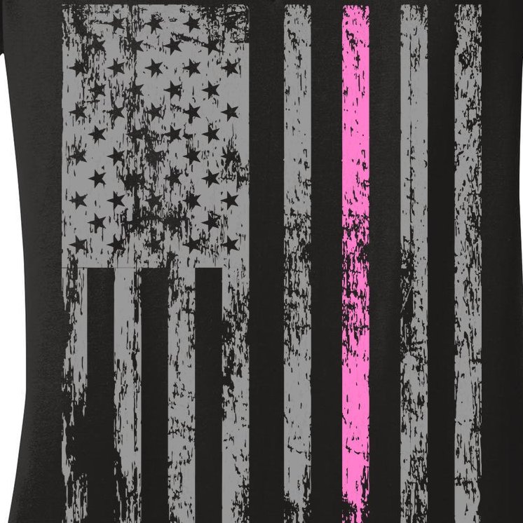 Retro Pink Thin Line Breast Cancer Awareness USA Flag Women's V-Neck T-Shirt