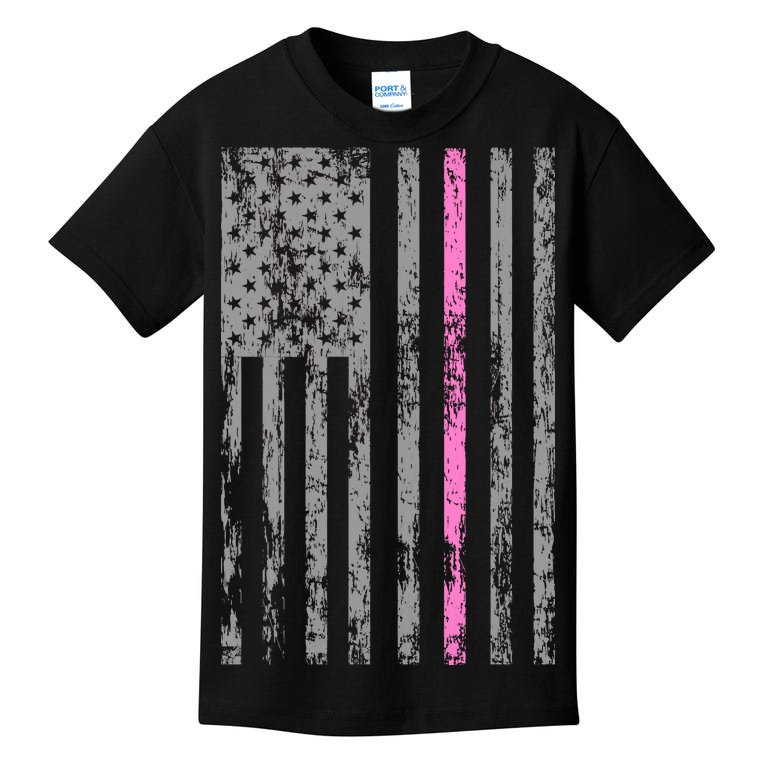 Retro Pink Thin Line Breast Cancer Awareness USA Flag Kids T-Shirt