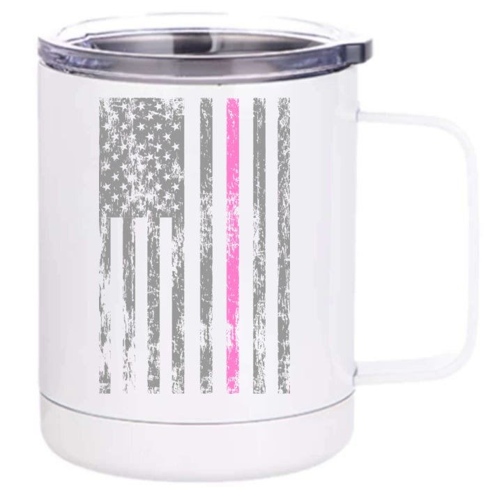 Retro Pink Thin Line Breast Cancer Awareness USA Flag Front & Back 12oz Stainless Steel Tumbler Cup