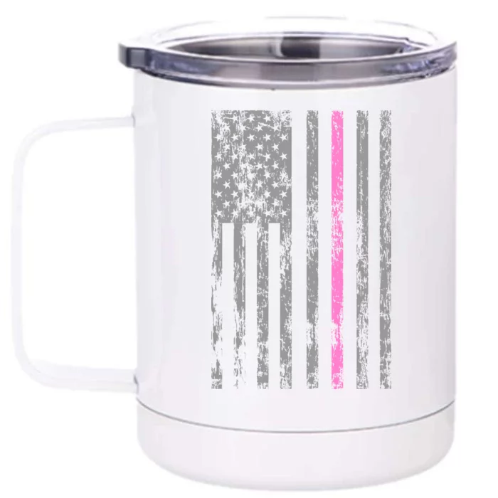 Retro Pink Thin Line Breast Cancer Awareness USA Flag Front & Back 12oz Stainless Steel Tumbler Cup