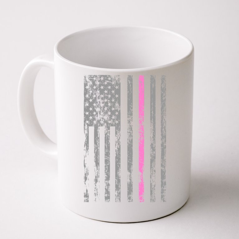 Retro Pink Thin Line Breast Cancer Awareness USA Flag Coffee Mug