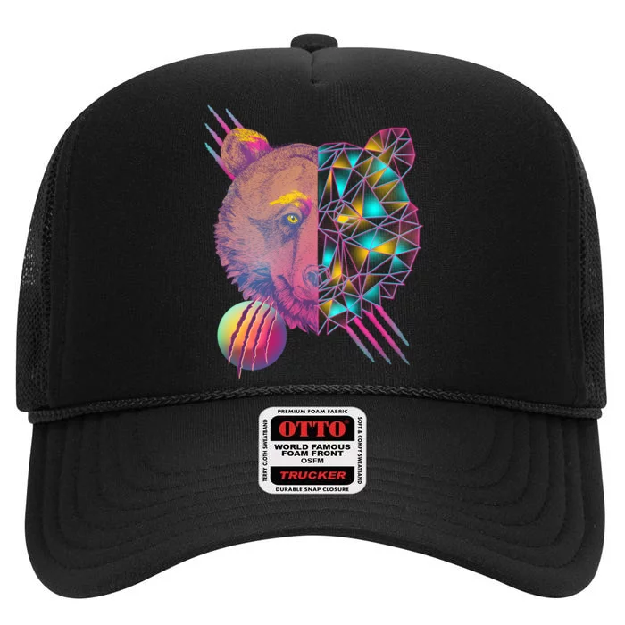 Retro Polygon Bear Vintage 80's High Crown Mesh Trucker Hat