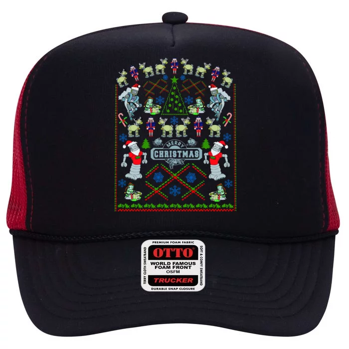 Retro Robot Ugly Christmas Sweater High Crown Mesh Trucker Hat