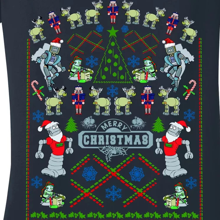 Retro Robot Ugly Christmas Sweater Women's V-Neck T-Shirt