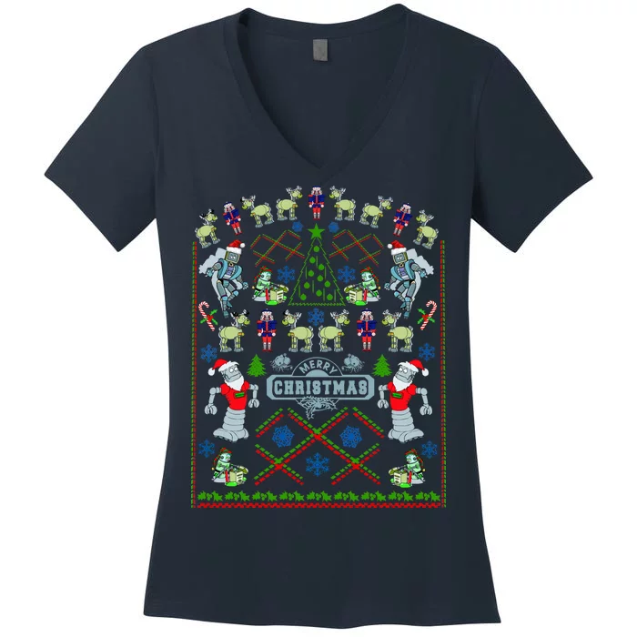 Retro Robot Ugly Christmas Sweater Women's V-Neck T-Shirt