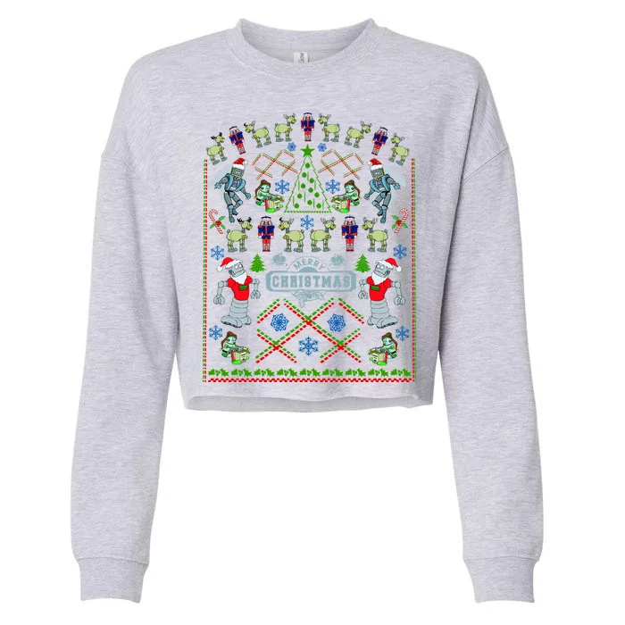 Retro Robot Ugly Christmas Sweater Cropped Pullover Crew