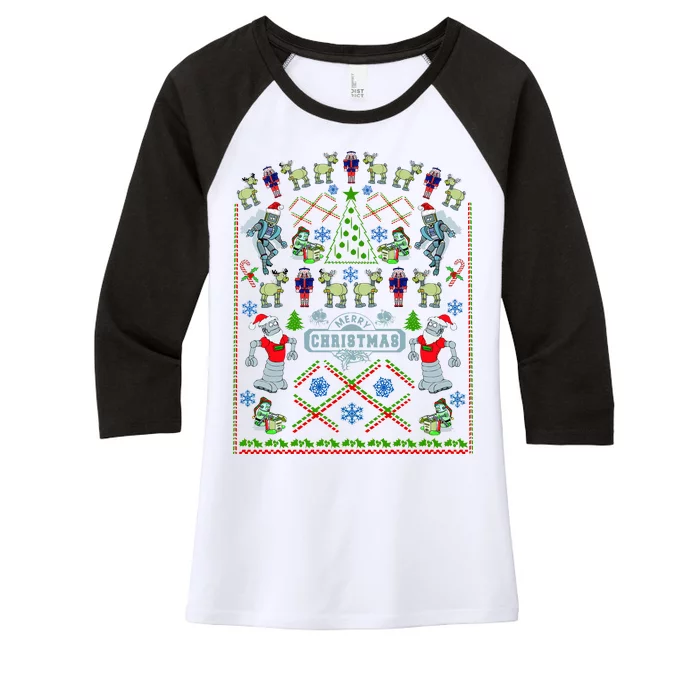 Retro Robot Ugly Christmas Sweater Women's Tri-Blend 3/4-Sleeve Raglan Shirt